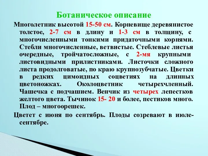 Ботаническое описание Многолетник высотой 15-50 см. Корневище деревянистое толстое, 2-7