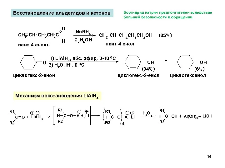 Восстановление альдегидов и кетонов Механизм восстановления LiAlH4 Боргидрид натрия предпочтителен вследствие большей безопасности в обращении.