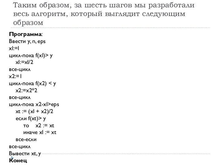 Таким образом, за шесть шагов мы разработали весь алгоритм, который