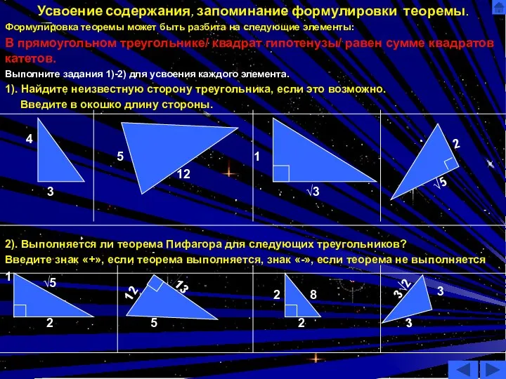 Усвоение содержания, запоминание формулировки теоремы. Формулировка теоремы может быть разбита