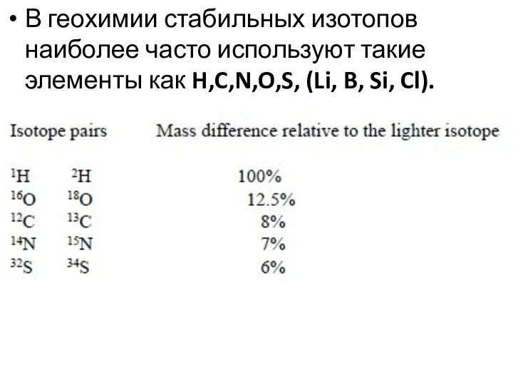 В геохимии стабильных изотопов наиболее часто используют такие элементы как H,C,N,O,S, (Li, B, Si, Cl).