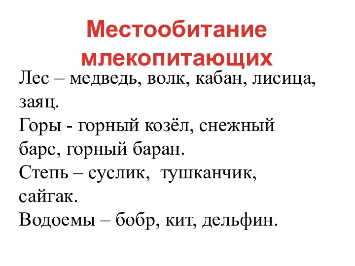 Местообитание млекопитающих Лес – медведь, волк, кабан, лисица, заяц. Горы