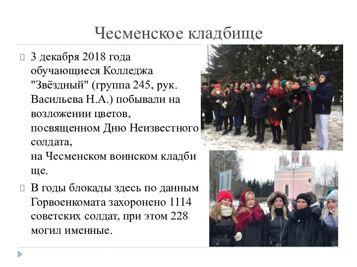 Чесменское кладбище 3 декабря 2018 года обучающиеся Колледжа "Звёздный" (группа 245, рук. Васильева