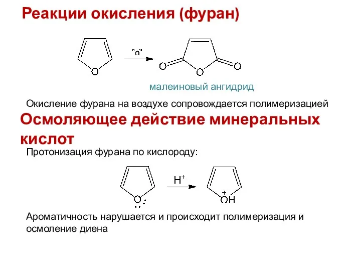 Реакции окисления (фуран) малеиновый ангидрид Окисление фурана на воздухе сопровождается