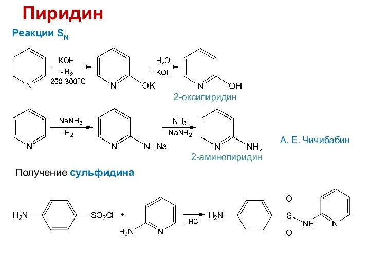 Пиридин Реакции SN 2-оксипиридин А. Е. Чичибабин 2-аминопиридин Получение сульфидина