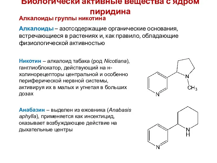 Биологически активные вещества с ядром пиридина Алкалоиды группы никотина Алкалоиды