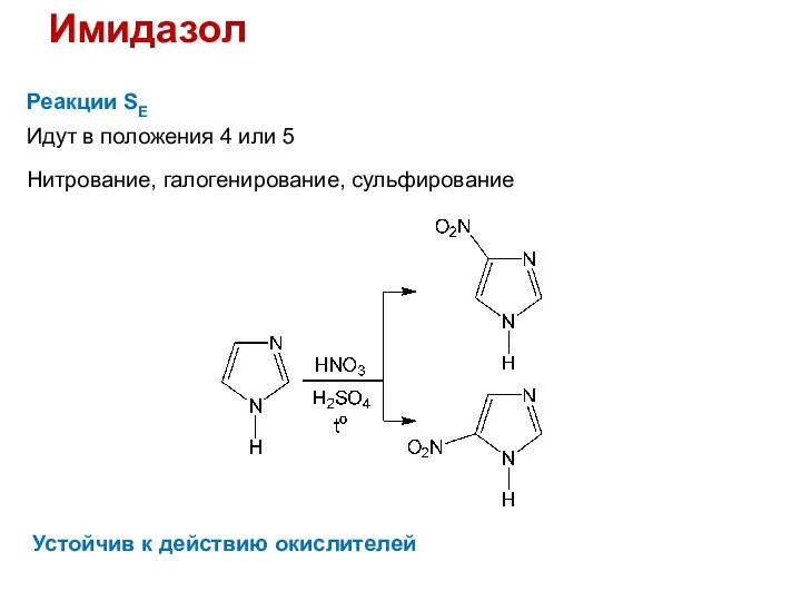 Имидазол Реакции SE Идут в положения 4 или 5 Нитрование, галогенирование, сульфирование Устойчив к действию окислителей