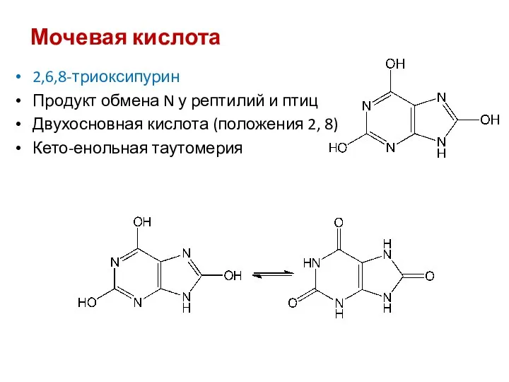 Мочевая кислота 2,6,8-триоксипурин Продукт обмена N у рептилий и птиц