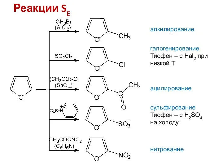 Реакции SE алкилирование галогенирование Тиофен – с Hal2 при низкой