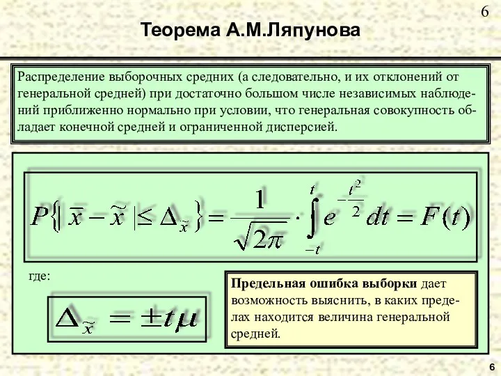 6 Теорема А.М.Ляпунова Распределение выборочных средних (а следовательно, и их