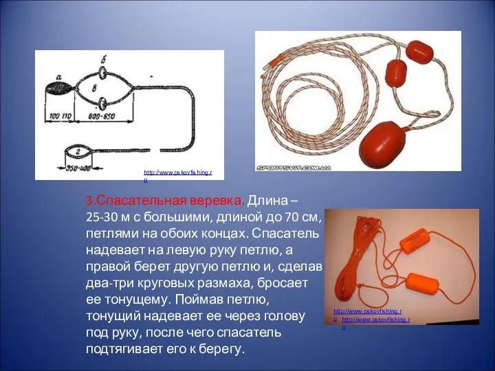 3.Спасательная веревка. Длина – 25-30 м с большими, длиной до