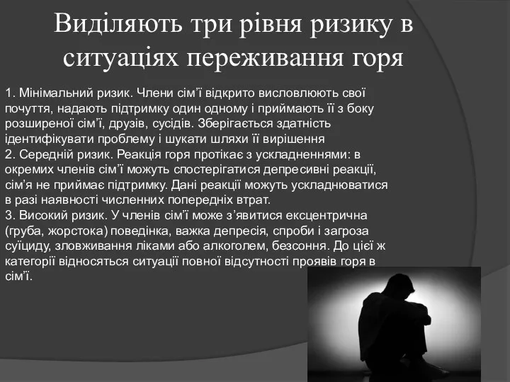 Виділяють три рівня ризику в ситуаціях переживання горя 1. Мінімальний