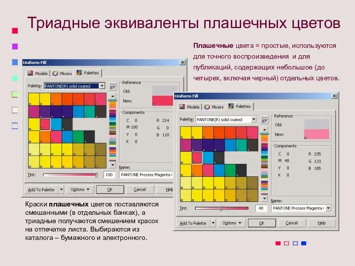 Триадные эквиваленты плашечных цветов Плашечные цвета = простые, используются для