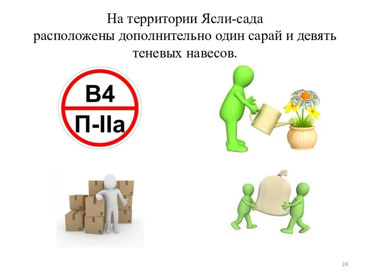 На территории Ясли-сада расположены дополнительно один сарай и девять теневых навесов.