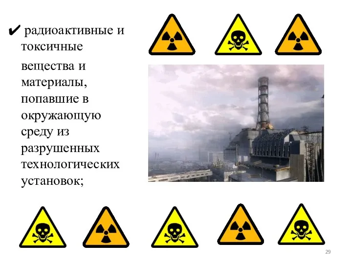 радиоактивные и токсичные вещества и материалы, попавшие в окружающую среду из разрушенных технологических установок;