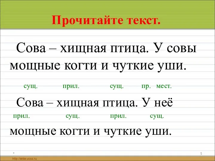 Прочитайте текст. Сова – хищная птица. У совы мощные когти