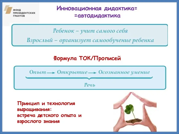 Инновационная дидактика= =автодидактика Формула ТОК/Прописей Принцип и технология выращивания: встреча детского опыта и взрослого знания