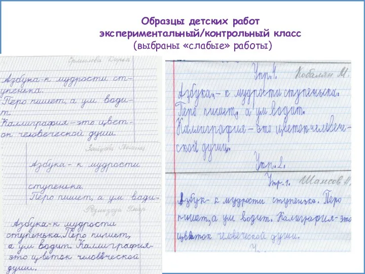 Образцы детских работ экспериментальный/контрольный класс (выбраны «слабые» работы)