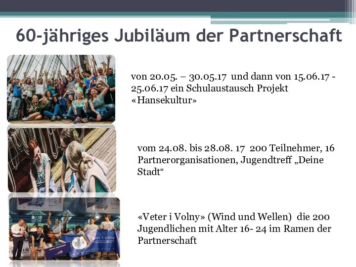 60-jähriges Jubiläum der Partnerschaft «Veter i Volny» (Wind und Wellen) die 200 Jugendlichen