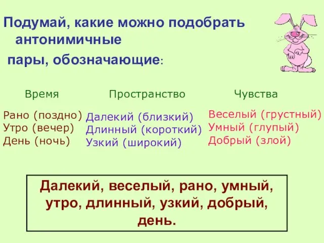 Подумай, какие можно подобрать антонимичные пары, обозначающие: Время Пространство Чувства