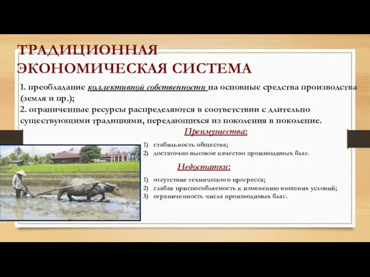 ТРАДИЦИОННАЯ ЭКОНОМИЧЕСКАЯ СИСТЕМА 1. преобладание коллективной собственности на основные средства