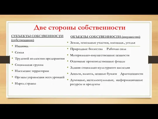 Две стороны собственности СУБЪЕКТЫ СОБСТВЕННОСТИ (собственники) Индивид Семья Трудовой коллектив