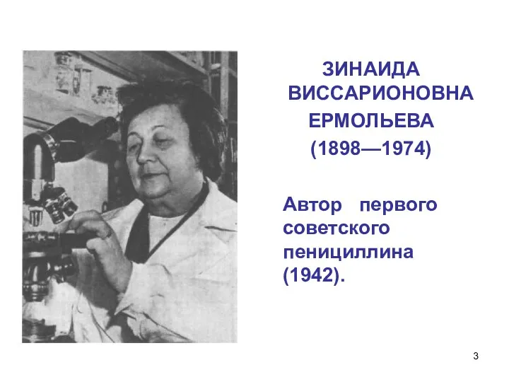 ЗИНАИДА ВИССАРИОНОВНА ЕРМОЛЬЕВА (1898—1974) Автор первого советского пенициллина (1942).