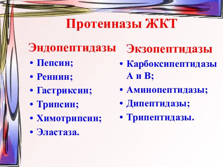 Протеиназы ЖКТ Эндопептидазы Пепсин; Реннин; Гастриксин; Трипсин; Химотрипсин; Эластаза. Экзопептидазы