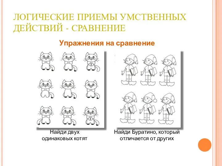 ЛОГИЧЕСКИЕ ПРИЕМЫ УМСТВЕННЫХ ДЕЙСТВИЙ - СРАВНЕНИЕ Найди двух одинаковых котят