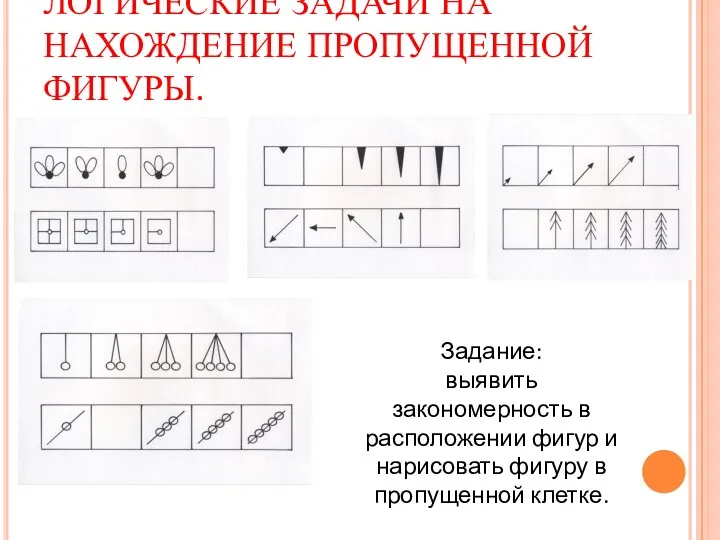 ЛОГИЧЕСКИЕ ЗАДАЧИ НА НАХОЖДЕНИЕ ПРОПУЩЕННОЙ ФИГУРЫ. Задание: выявить закономерность в