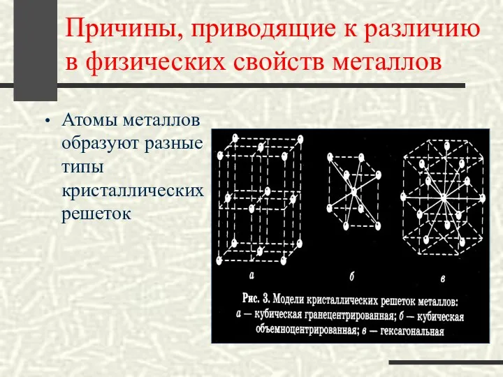 Причины, приводящие к различию в физических свойств металлов Атомы металлов образуют разные типы кристаллических решеток