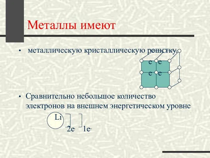 Металлы имеют металлическую кристаллическую решетку. е е е е Сравнительно