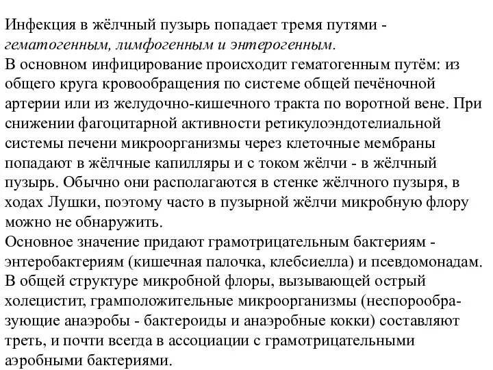 Инфекция в жёлчный пузырь попадает тремя путями - гематогенным, лимфогенным