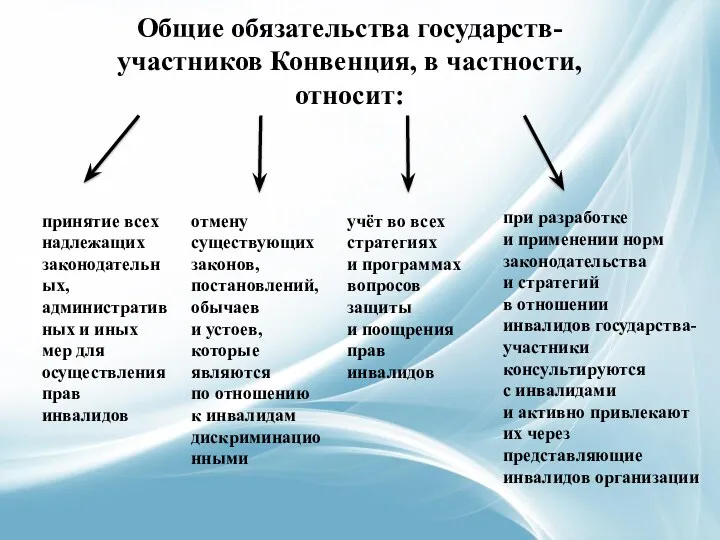 Общие обязательства государств-участников Конвенция, в частности, относит: принятие всех надлежащих