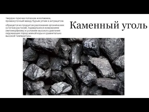 Каменный уголь твердое горючее полезное ископаемое, промежуточный между бурым углем и антрацитом. образуется