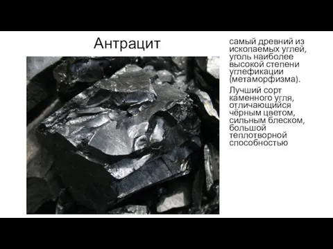 Антрацит самый древний из ископаемых углей, уголь наиболее высокой степени углефикации (метаморфизма). Лучший