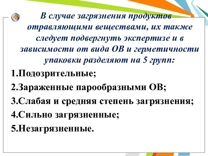 В случае загрязнения продуктов отравляющими веществами, их также следует подвергнуть