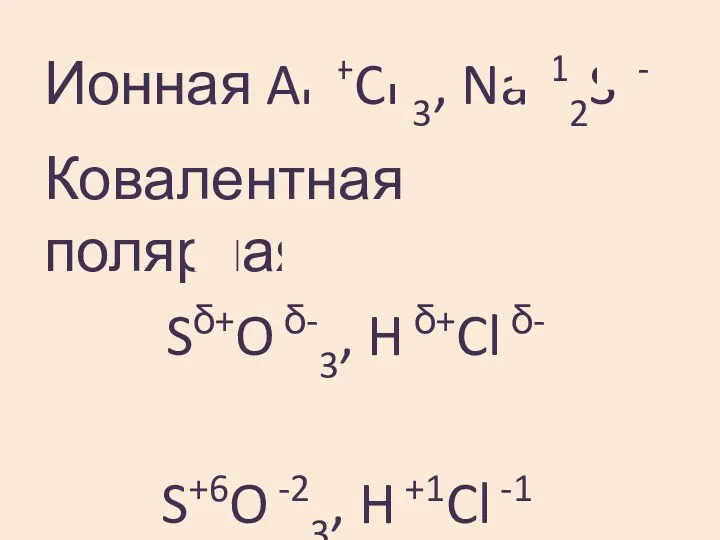 Ионная Al3+Cl-3, Na+12S2- Ковалентная полярная Sδ+O δ-3, H δ+Cl δ- S+6O -23, H +1Cl -1