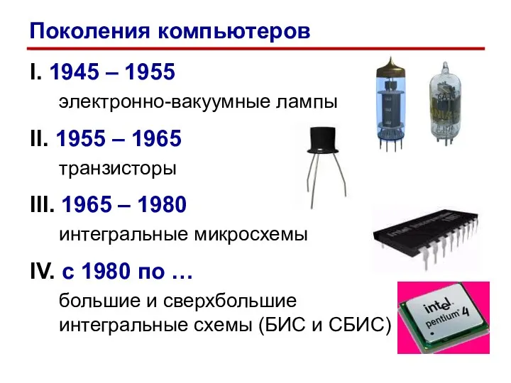 I. 1945 – 1955 электронно-вакуумные лампы II. 1955 – 1965