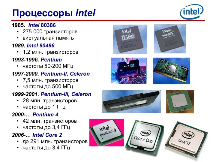 1985. Intel 80386 275 000 транзисторов виртуальная память 1989. Intel