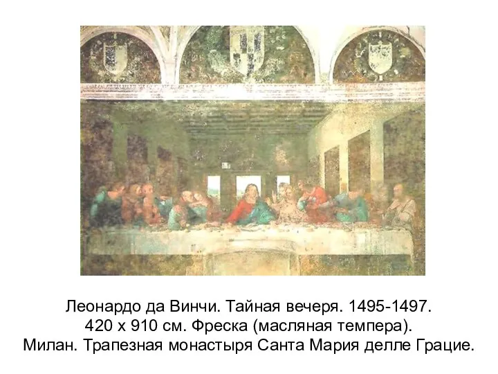 Леонардо да Винчи. Тайная вечеря. 1495-1497. 420 x 910 см.