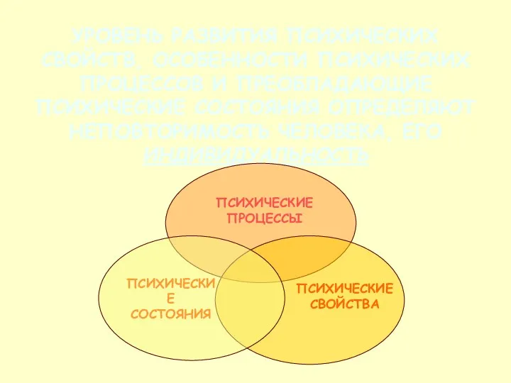 УРОВЕНЬ РАЗВИТИЯ ПСИХИЧЕСКИХ СВОЙСТВ, ОСОБЕННОСТИ ПСИХИЧЕСКИХ ПРОЦЕССОВ И ПРЕОБЛАДАЮЩИЕ ПСИХИЧЕСКИЕ СОСТОЯНИЯ ОПРЕДЕЛЯЮТ НЕПОВТОРИМОСТЬ ЧЕЛОВЕКА, ЕГО ИНДИВИДУАЛЬНОСТЬ