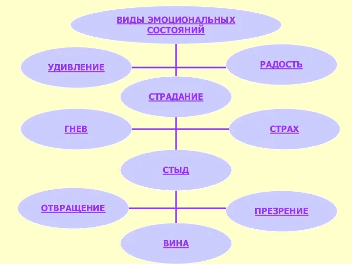 СТЫД СТРАХ РАДОСТЬ УДИВЛЕНИЕ СТРАДАНИЕ ГНЕВ ОТВРАЩЕНИЕ ВИНА ПРЕЗРЕНИЕ ВИДЫ ЭМОЦИОНАЛЬНЫХ СОСТОЯНИЙ