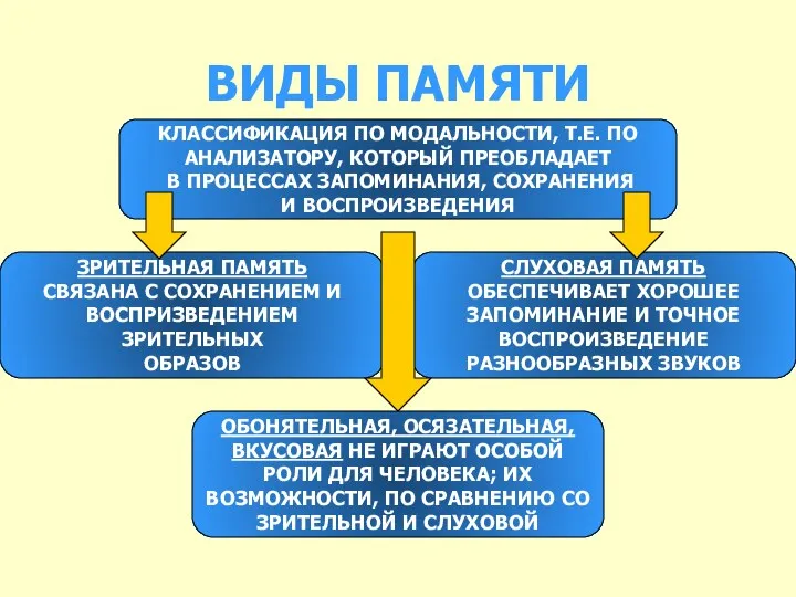 ВИДЫ ПАМЯТИ КЛАССИФИКАЦИЯ ПО МОДАЛЬНОСТИ, Т.Е. ПО АНАЛИЗАТОРУ, КОТОРЫЙ ПРЕОБЛАДАЕТ