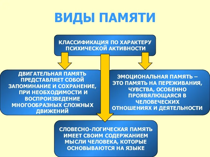 ВИДЫ ПАМЯТИ КЛАССИФИКАЦИЯ ПО ХАРАКТЕРУ ПСИХИЧЕСКОЙ АКТИВНОСТИ ДВИГАТЕЛЬНАЯ ПАМЯТЬ ПРЕДСТАВЛЯЕТ