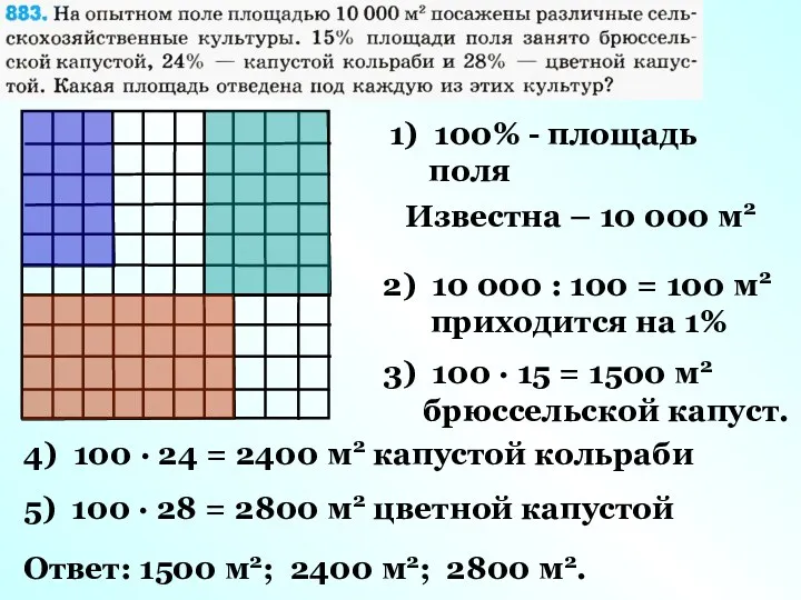 1) 100% - площадь поля Известна – 10 000 м2