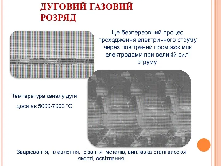 ДУГОВИЙ ГАЗОВИЙ РОЗРЯД Це безперервний процес проходження електричного струму через