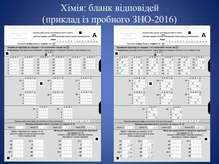 Хімія: бланк відповідей (приклад із пробного ЗНО-2016)