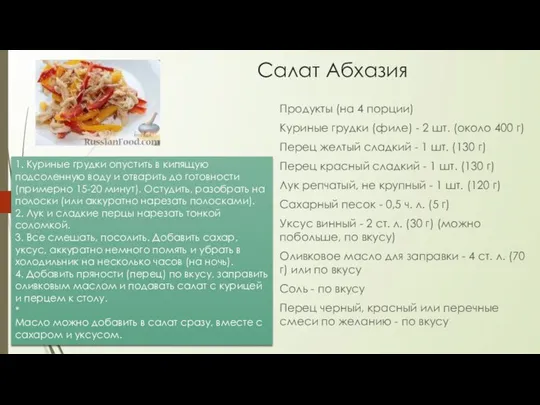 Салат Абхазия Продукты (на 4 порции) Куриные грудки (филе) -