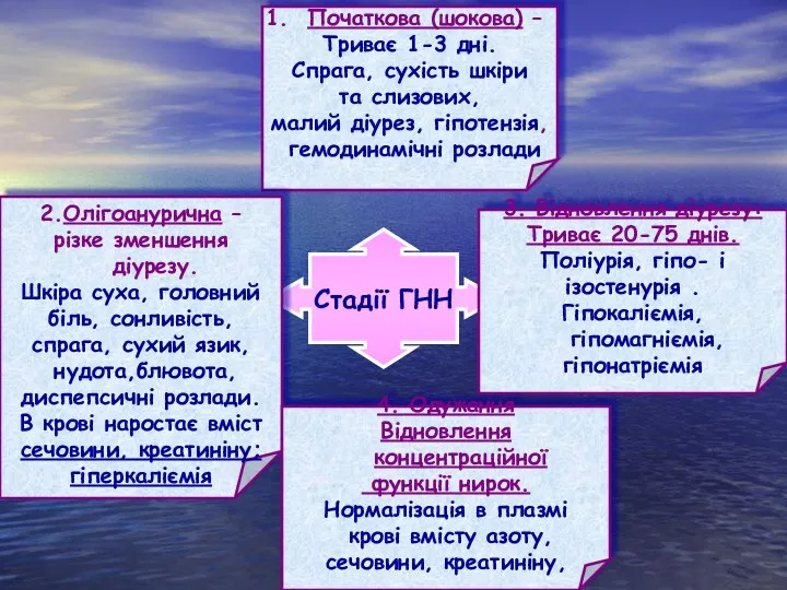 Стадії ГНН Початкова (шокова) – Триває 1-3 дні. Спрага, сухість